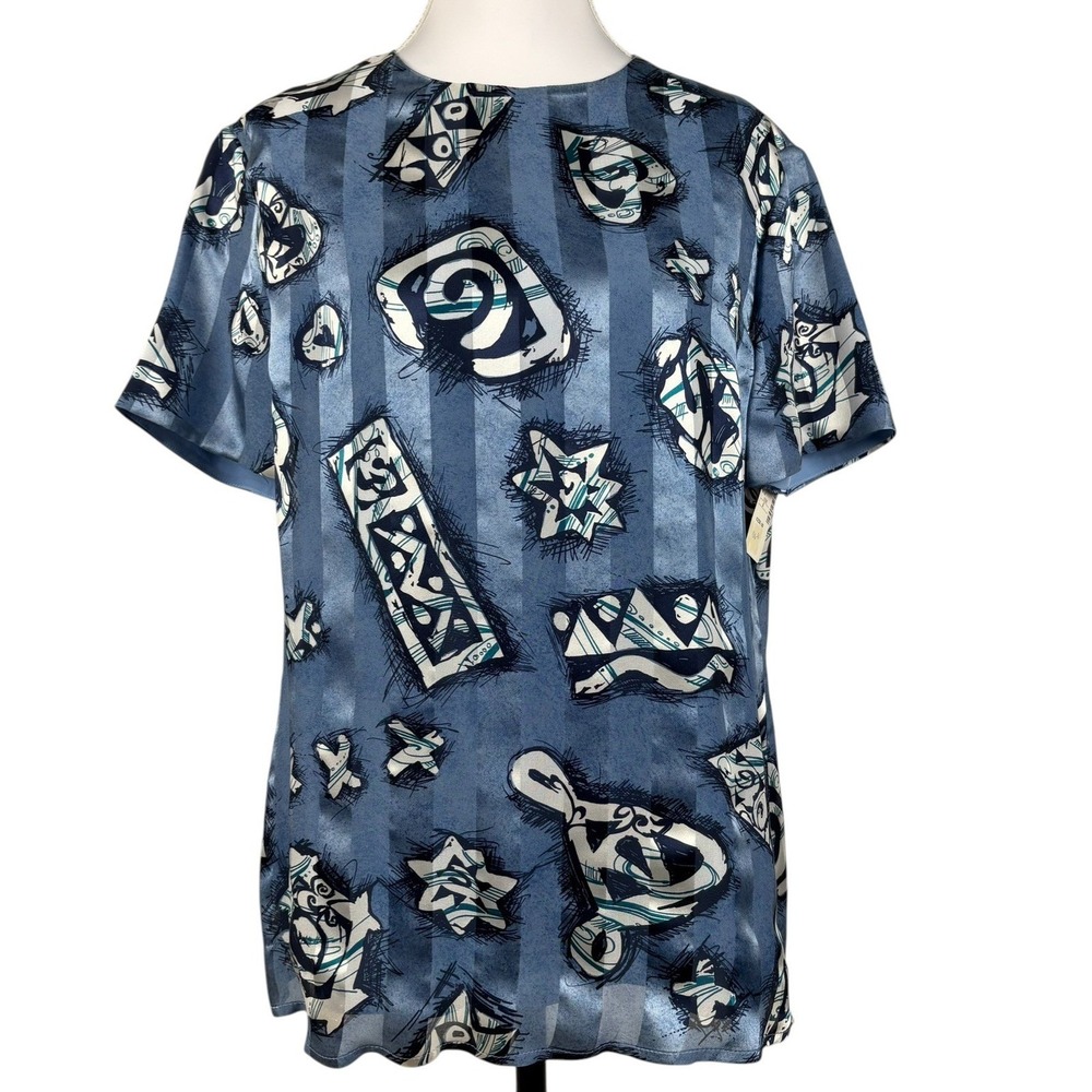 St John Collection Silk Short Sleeve Top Womens Size 6 Blue Abstract Print